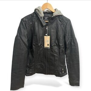 VRT Black Vegan Leather Jacket with Gray Hood